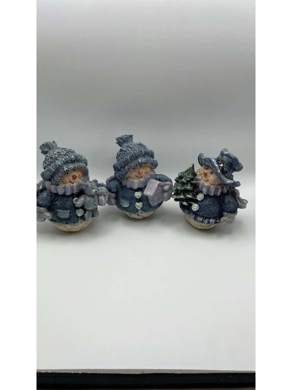 Snowman Family Trio Glitter Figurines Blue Wintry Accents